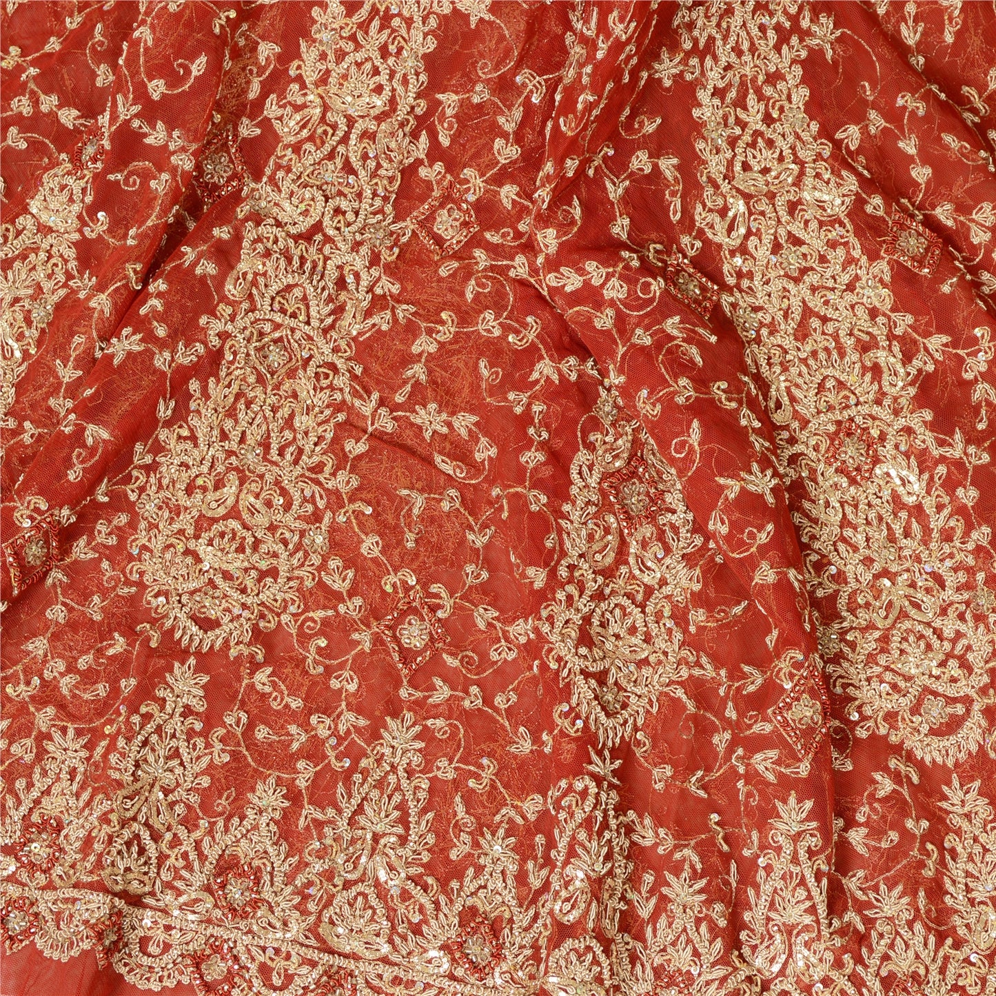 Sanskriti Vintage Red Long Skirt Net Mesh Hand Beaded Unstitched Zardozi Lehenga