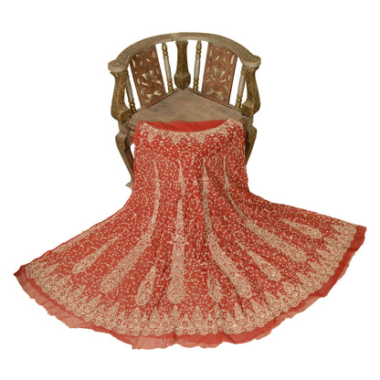 Sanskriti Vintage Red Long Skirt Net Mesh Hand Beaded Unstitched Zardozi Lehenga