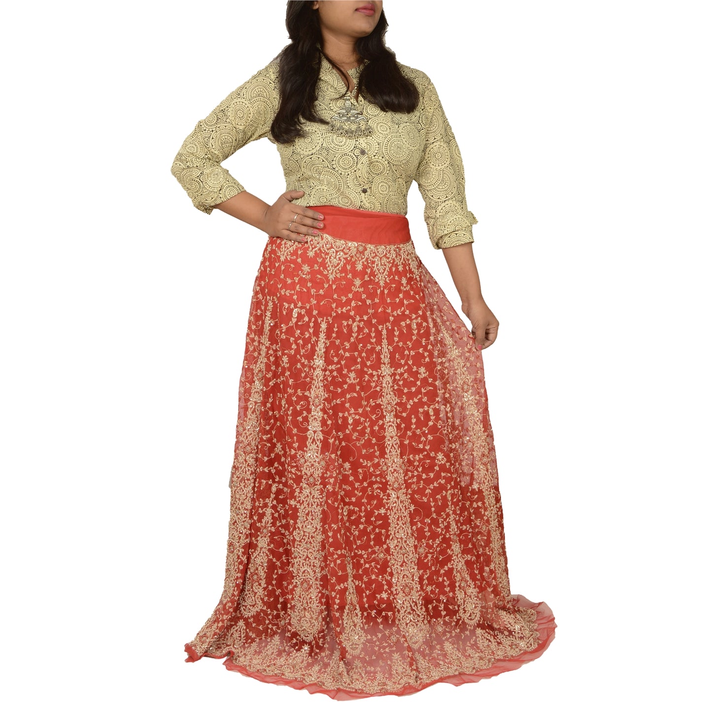 Sanskriti Vintage Red Long Skirt Net Mesh Hand Beaded Unstitched Zardozi Lehenga