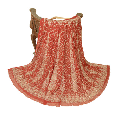 Sanskriti Vintage Red Long Skirt Net Mesh Hand Beaded Unstitched Zardozi Lehenga