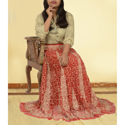Sanskriti Vintage Red Long Skirt Net Mesh Hand Beaded Unstitched Zardozi Lehenga