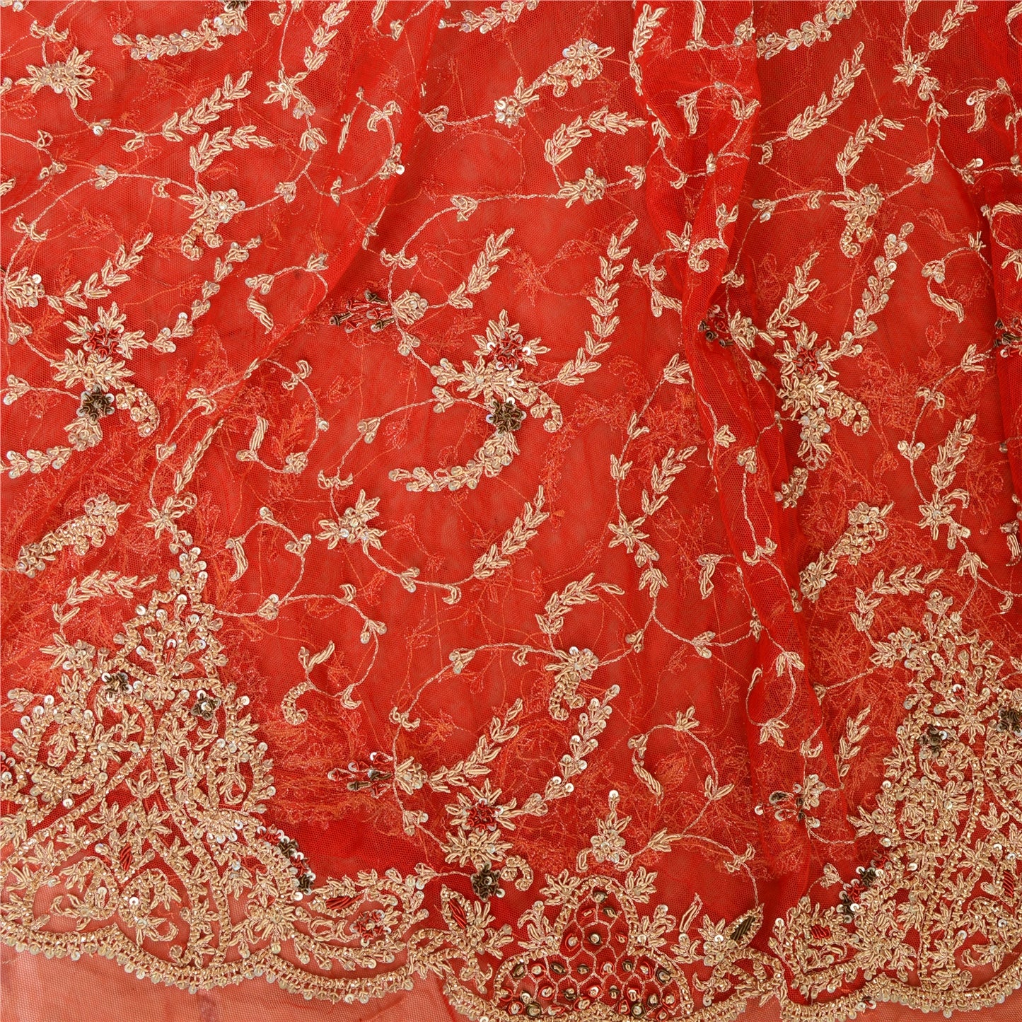 Sanskriti Vintage Red Long Skirt Net Mesh Hand Beaded Unstitched Zardozi Lehenga