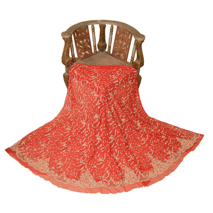 Sanskriti Vintage Red Long Skirt Net Mesh Hand Beaded Unstitched Zardozi Lehenga