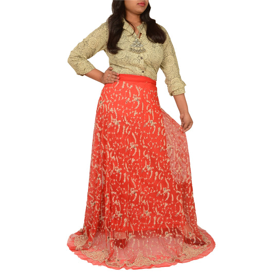 Sanskriti Vintage Red Long Skirt Net Mesh Hand Beaded Unstitched Zardozi Lehenga