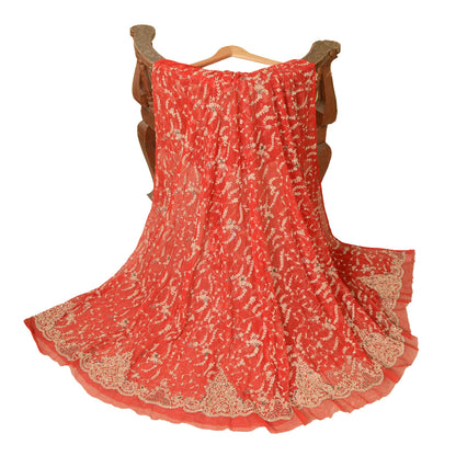 Sanskriti Vintage Red Long Skirt Net Mesh Hand Beaded Unstitched Zardozi Lehenga