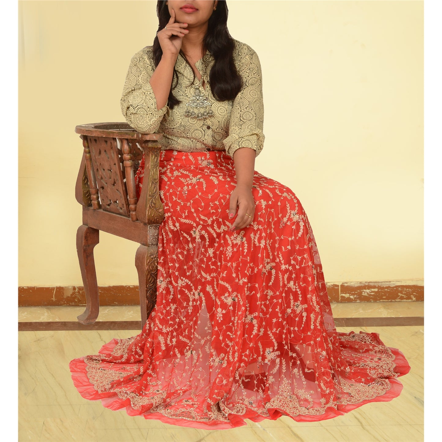 Sanskriti Vintage Red Long Skirt Net Mesh Hand Beaded Unstitched Zardozi Lehenga