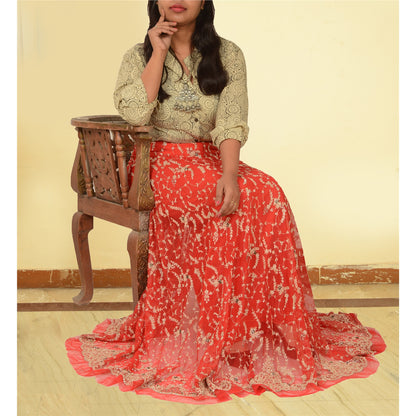 Sanskriti Vintage Red Long Skirt Net Mesh Hand Beaded Unstitched Zardozi Lehenga