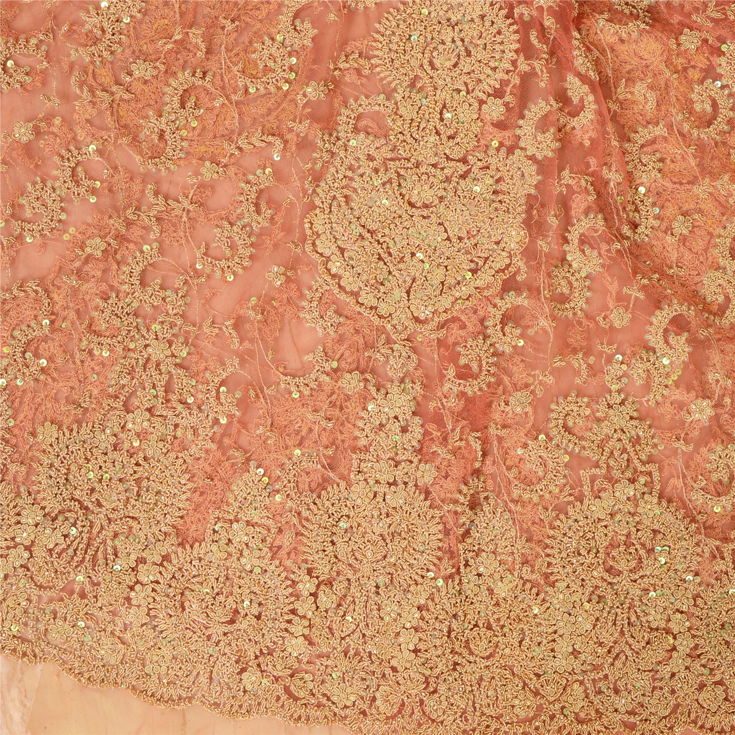 Sanskriti Vintage Peach Long Skirt Net Mesh Handmade Unstitched Zardozi Lehenga