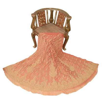 Sanskriti Vintage Peach Long Skirt Net Mesh Handmade Unstitched Zardozi Lehenga