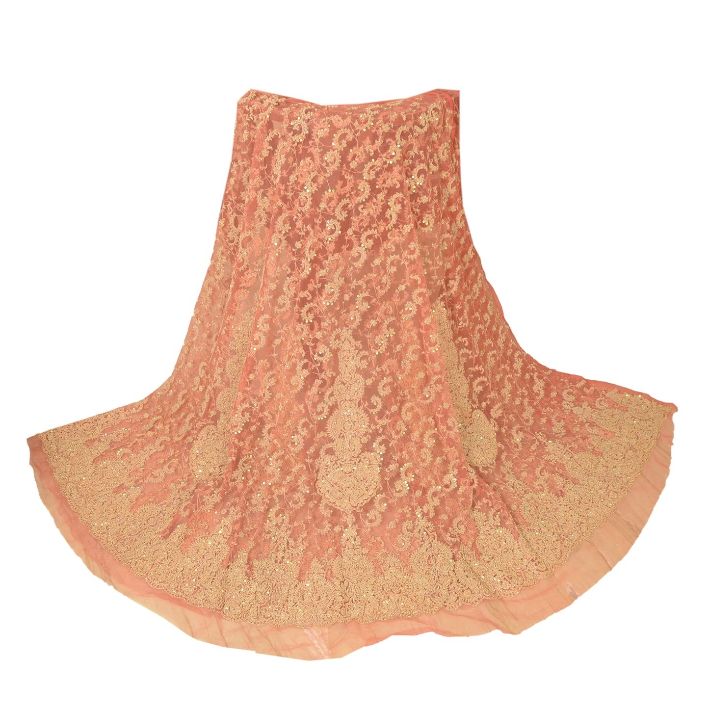 Sanskriti Vintage Peach Long Skirt Net Mesh Handmade Unstitched Zardozi Lehenga
