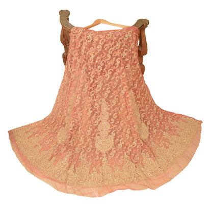 Sanskriti Vintage Peach Long Skirt Net Mesh Handmade Unstitched Zardozi Lehenga