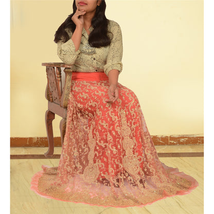 Sanskriti Vintage Peach Long Skirt Net Mesh Handmade Unstitched Zardozi Lehenga