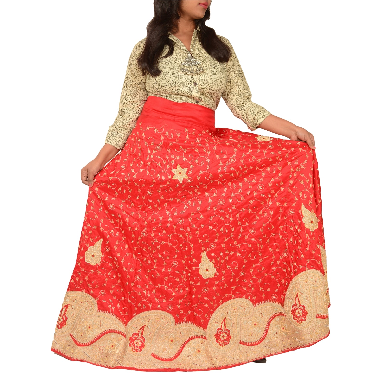 Sanskriti Vintage Long Skirt Pure Satin Silk Handmade Stitched Ethnic Lehenga