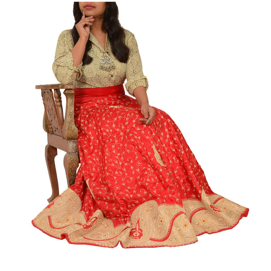 Sanskriti Vintage Long Skirt Pure Satin Silk Handmade Stitched Ethnic Lehenga