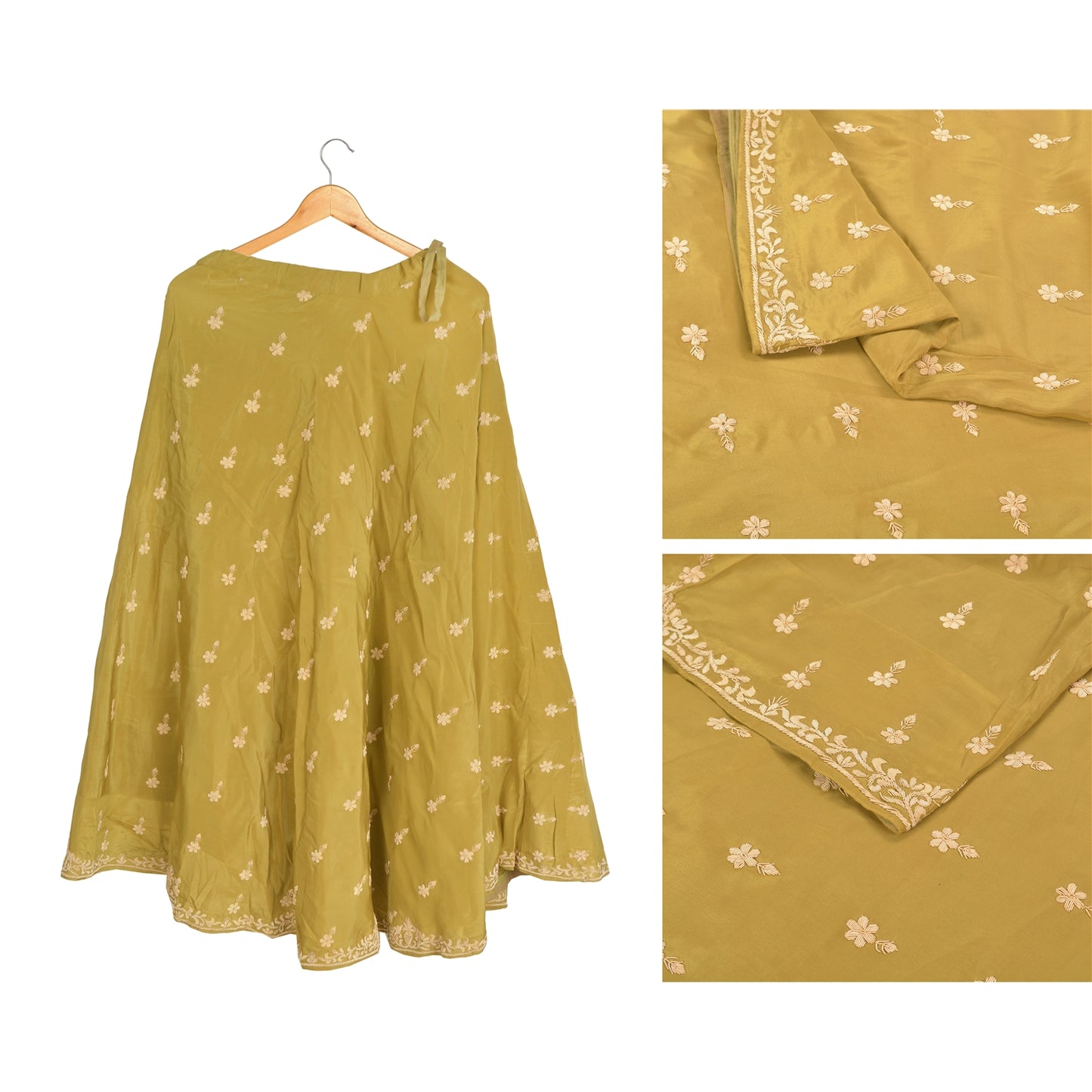 Sanskriti Vintage Long Wedding Skirt Net Mesh Green Handmade Stitched Lehenga
