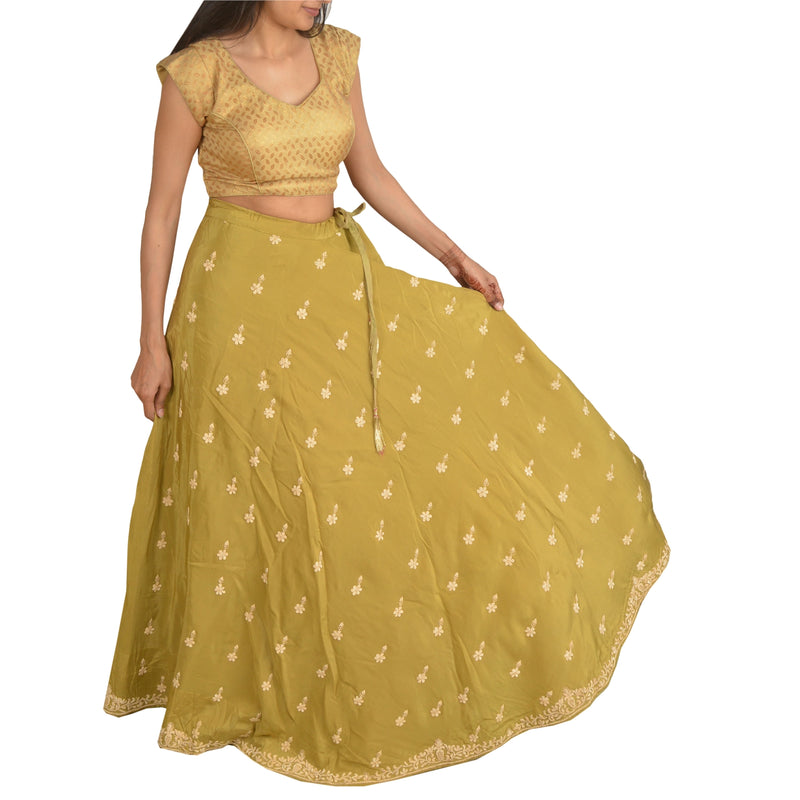Sanskriti Vintage Long Wedding Skirt Net Mesh Green Handmade Stitched Lehenga