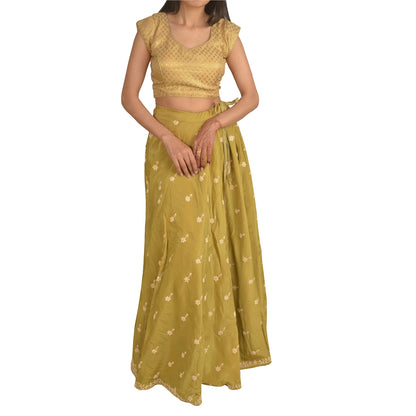 Sanskriti Vintage Long Wedding Skirt Net Mesh Green Handmade Stitched Lehenga