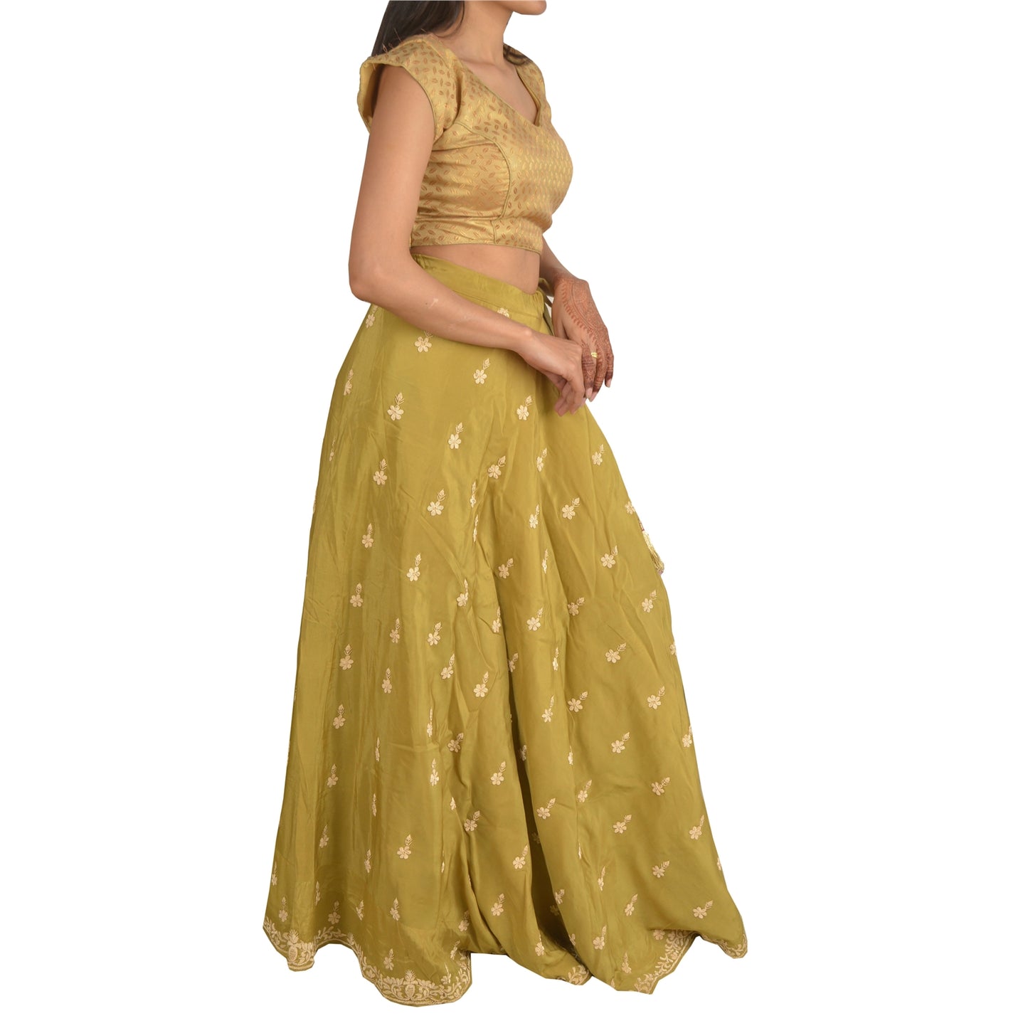 Sanskriti Vintage Long Wedding Skirt Net Mesh Green Handmade Stitched Lehenga