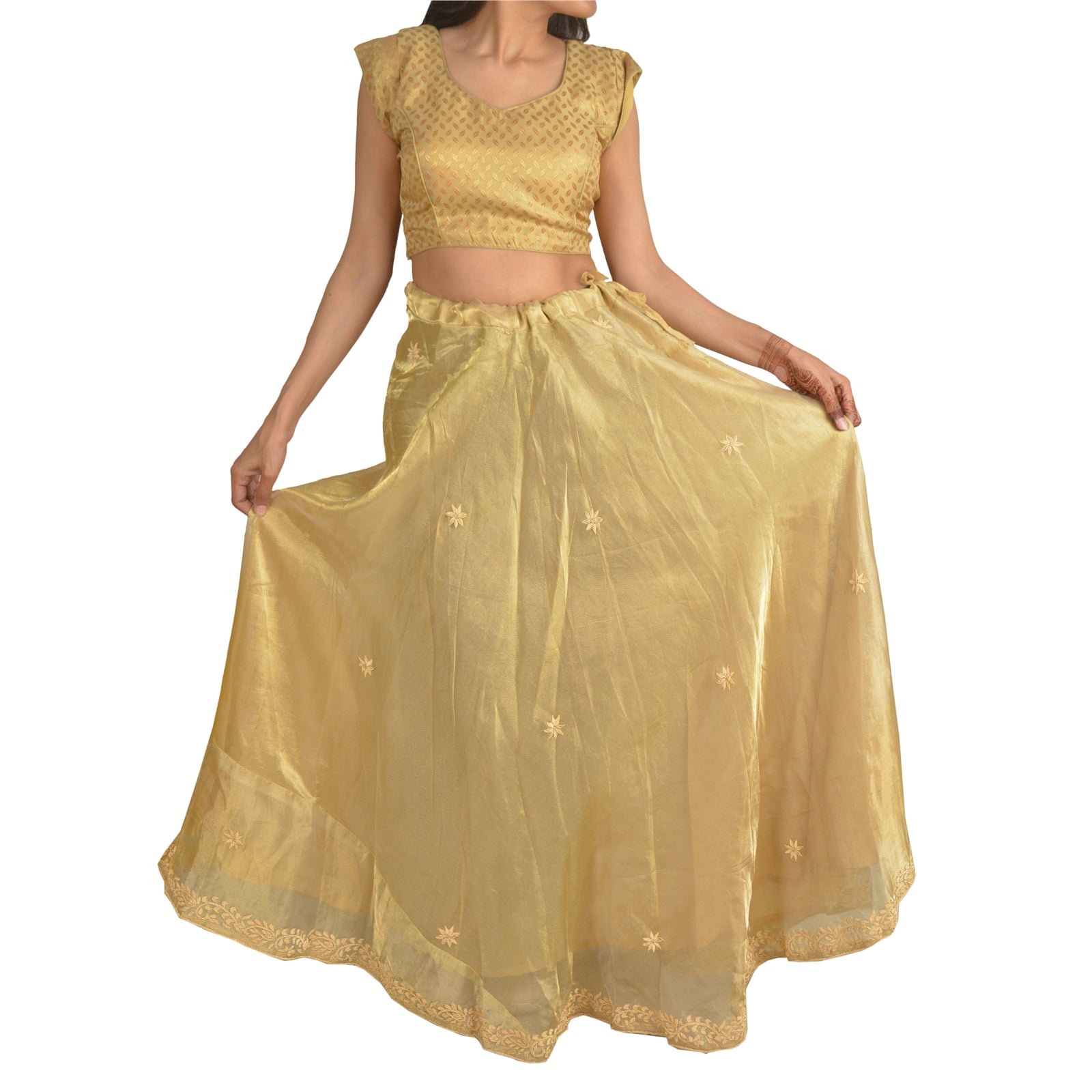 Sanskriti Vintage Long Wedding Skirt Art Silk Golden Handmade Stitched Lehenga
