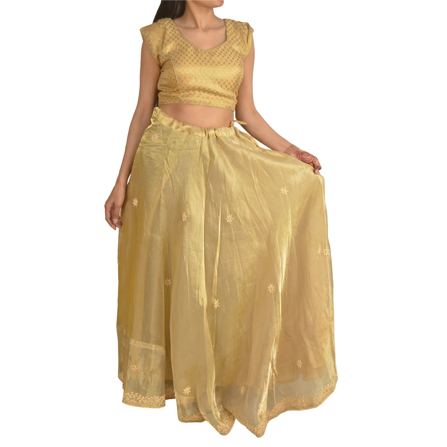 Sanskriti Vintage Long Wedding Skirt Art Silk Golden Handmade Stitched Lehenga