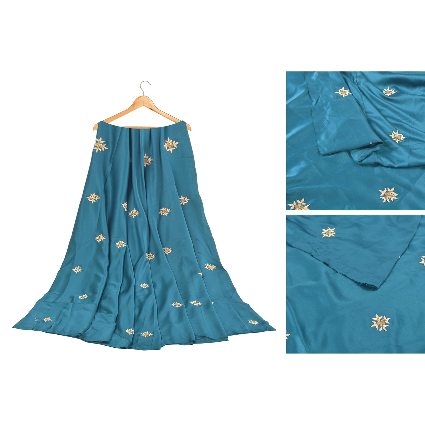 Sanskriti Vintage Long Skirt Pure Satin Silk Blue Handmade Unstitched Lehenga