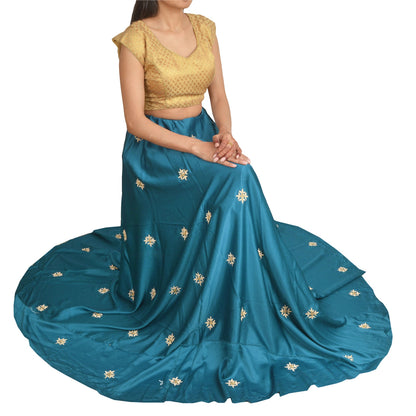 Sanskriti Vintage Long Skirt Pure Satin Silk Blue Handmade Unstitched Lehenga