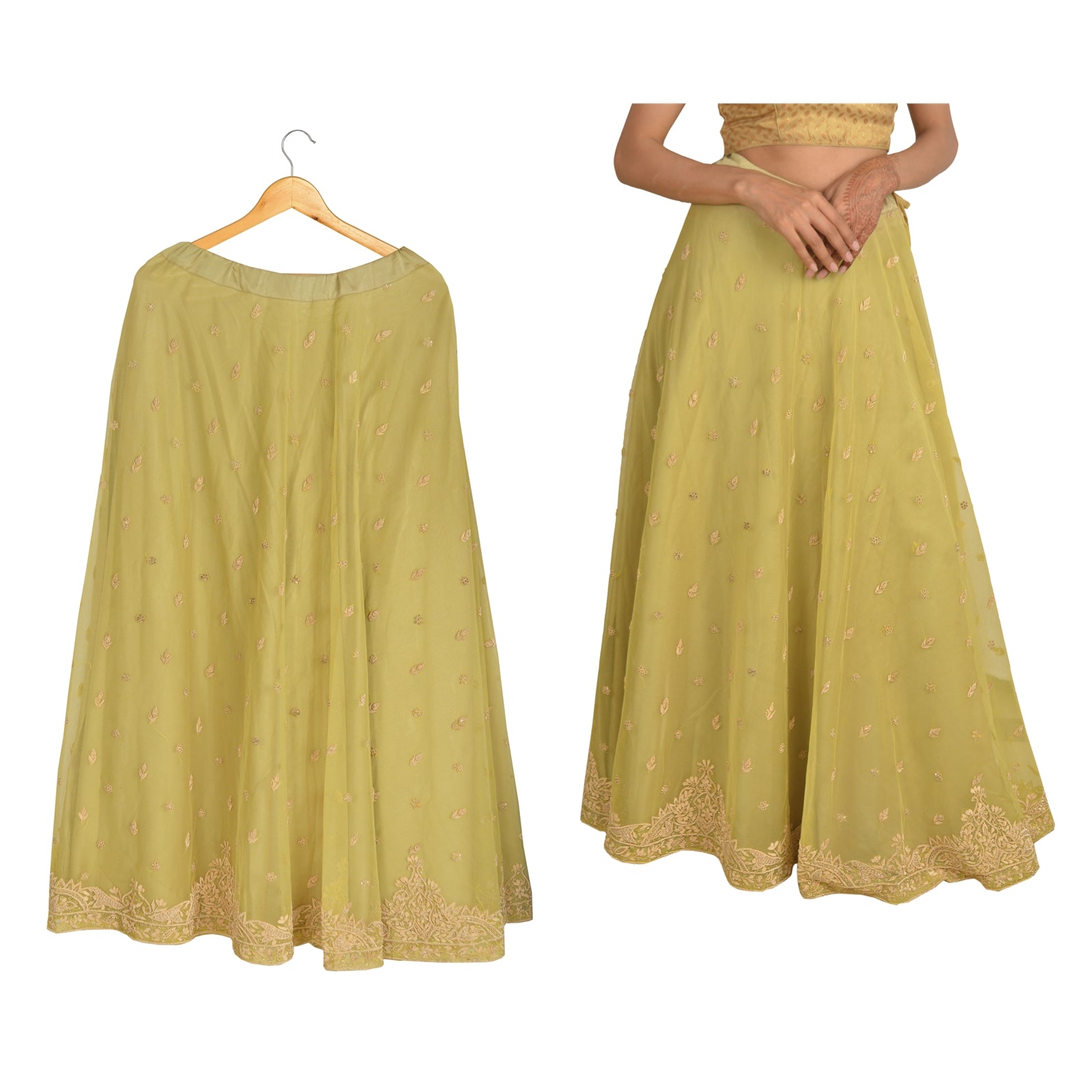 Sanskriti Vintage Long Wedding Skirt Pure Silk Green Handmade Stitched Lehenga