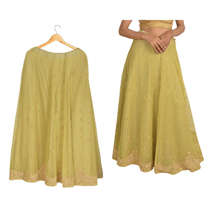 Sanskriti Vintage Long Wedding Skirt Pure Silk Green Handmade Stitched Lehenga