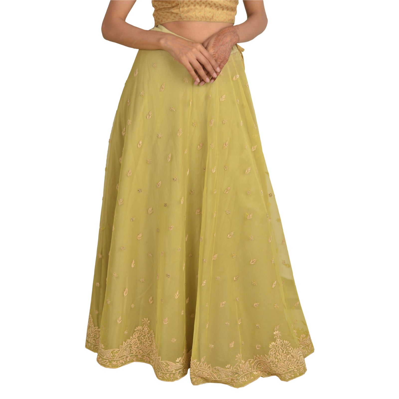 Sanskriti Vintage Long Wedding Skirt Pure Silk Green Handmade Stitched Lehenga