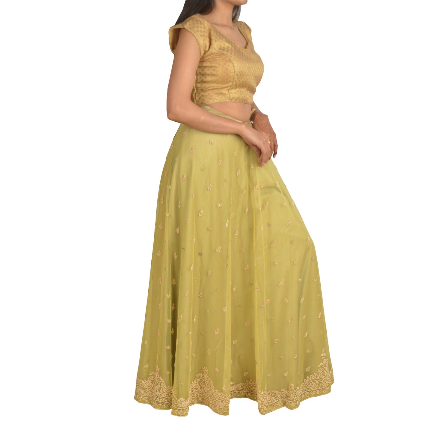 Sanskriti Vintage Long Wedding Skirt Pure Silk Green Handmade Stitched Lehenga