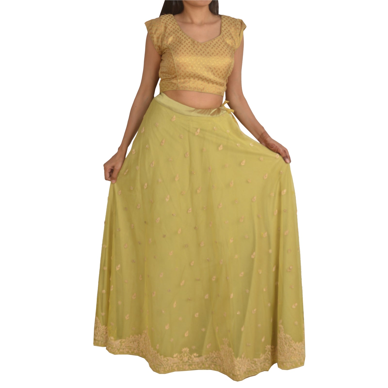 Sanskriti Vintage Long Wedding Skirt Pure Silk Green Handmade Stitched Lehenga