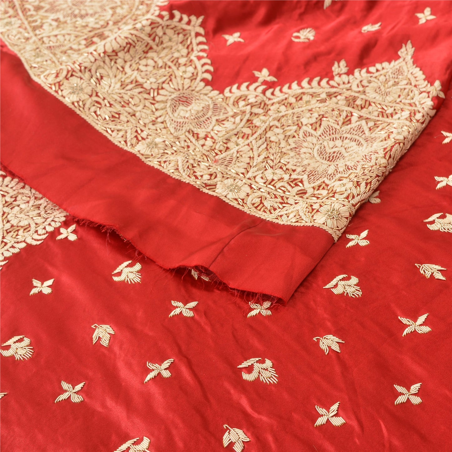 Sanskriti New Long Skirt Pure Satin Silk Red Handmade Unstitched Lehenga