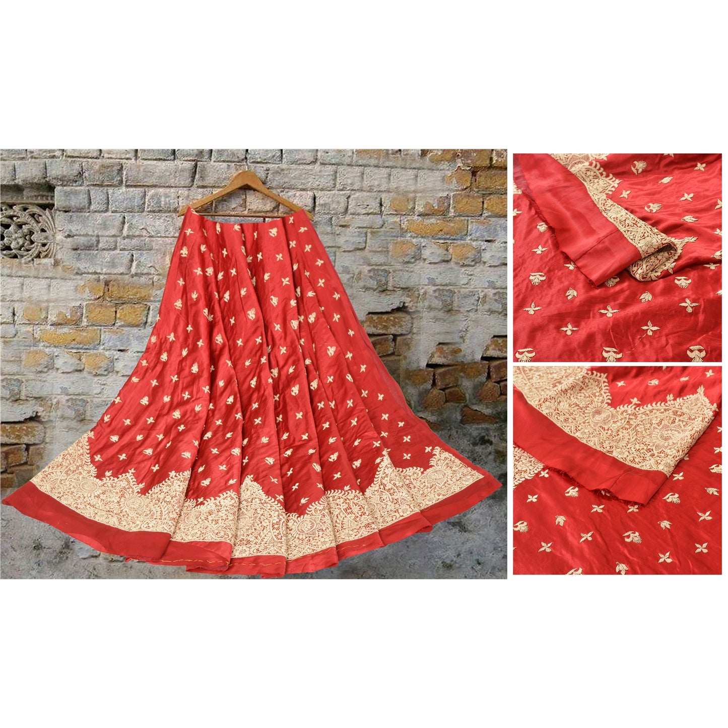 Sanskriti New Long Skirt Pure Satin Silk Red Handmade Unstitched Lehenga