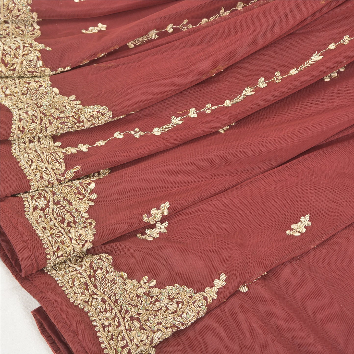 Sanskriti Vintage Long Skirt Net Mesh Dark Red Hand Beaded Unstitched Lehenga