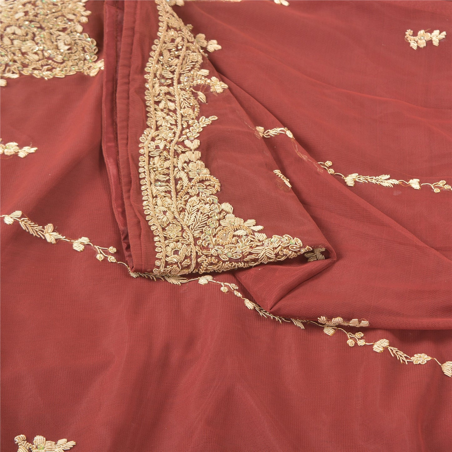 Sanskriti Vintage Long Skirt Net Mesh Dark Red Hand Beaded Unstitched Lehenga