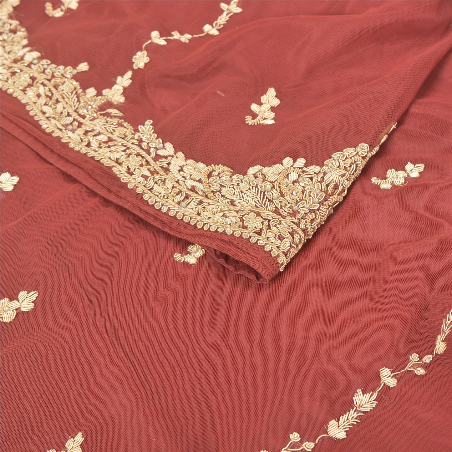 Sanskriti Vintage Long Skirt Net Mesh Dark Red Hand Beaded Unstitched Lehenga