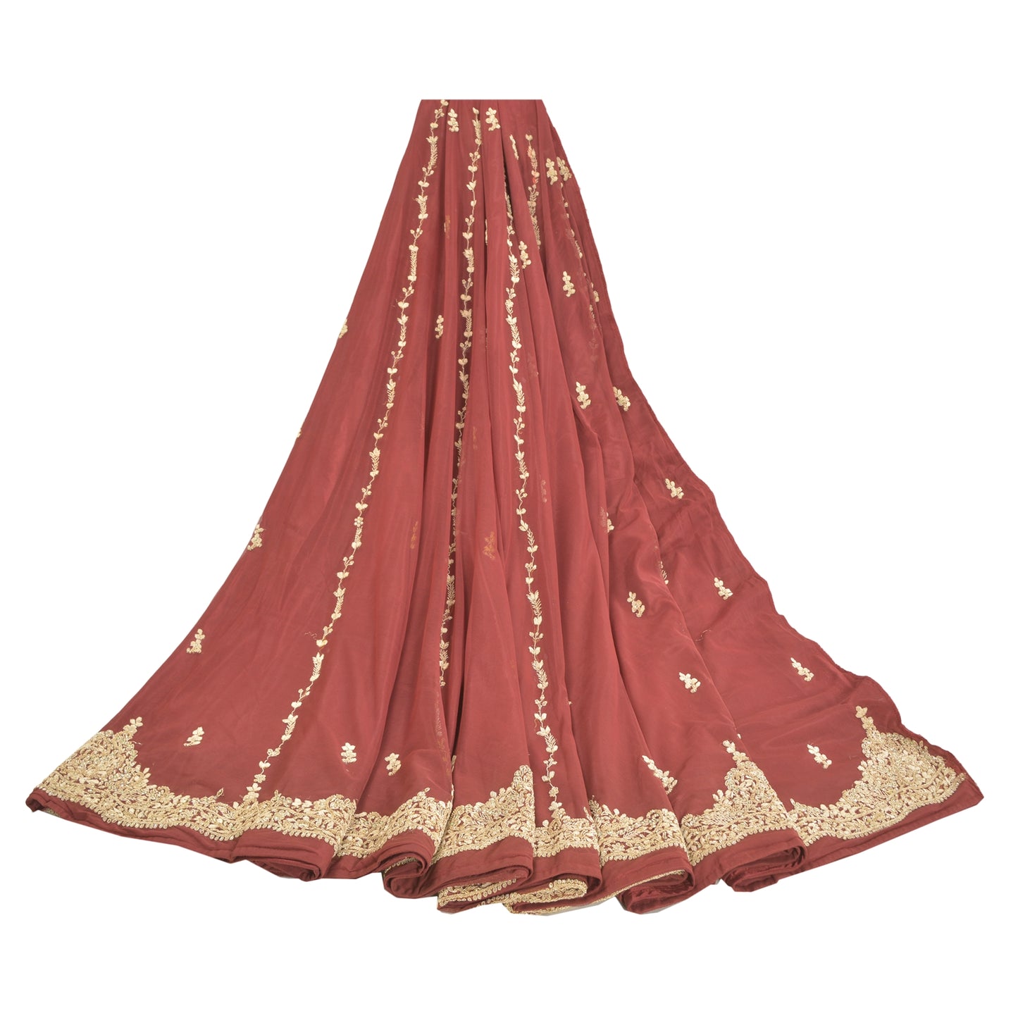 Sanskriti Vintage Long Skirt Net Mesh Dark Red Hand Beaded Unstitched Lehenga