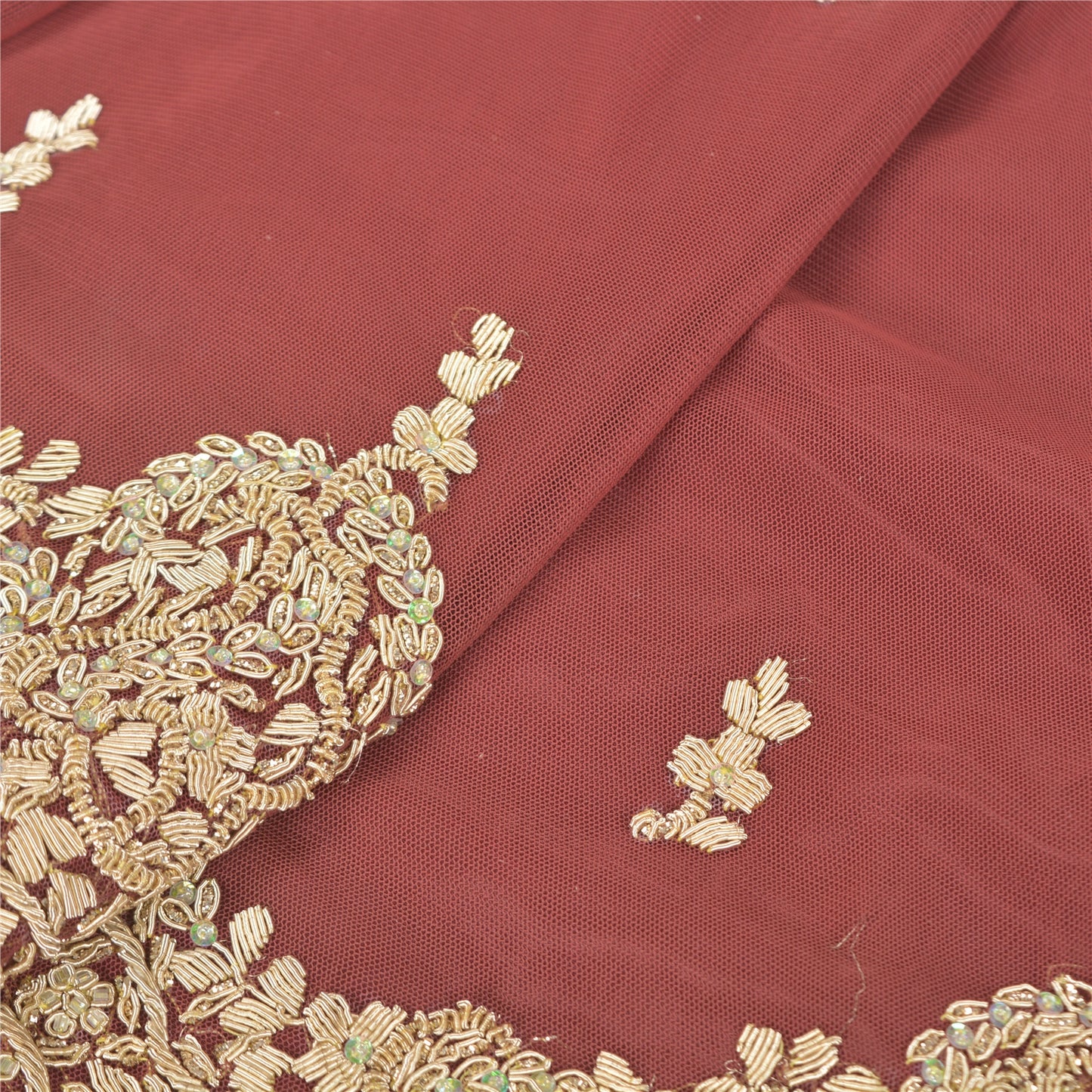 Sanskriti Vintage Long Skirt Net Mesh Dark Red Hand Beaded Unstitched Lehenga