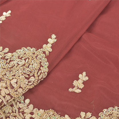 Sanskriti Vintage Long Skirt Net Mesh Dark Red Hand Beaded Unstitched Lehenga