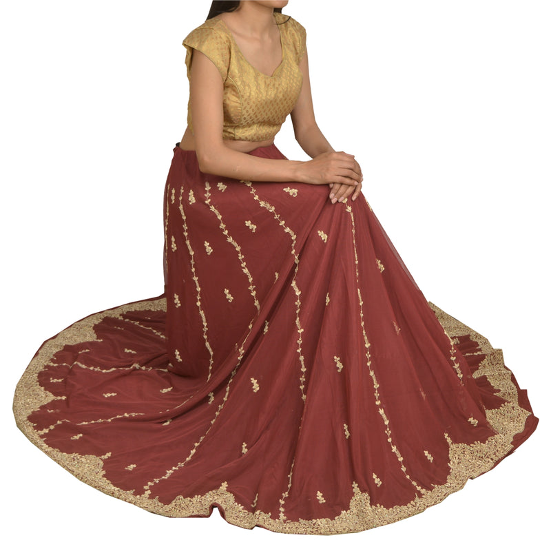 Sanskriti Vintage Long Skirt Net Mesh Dark Red Hand Beaded Unstitched Lehenga