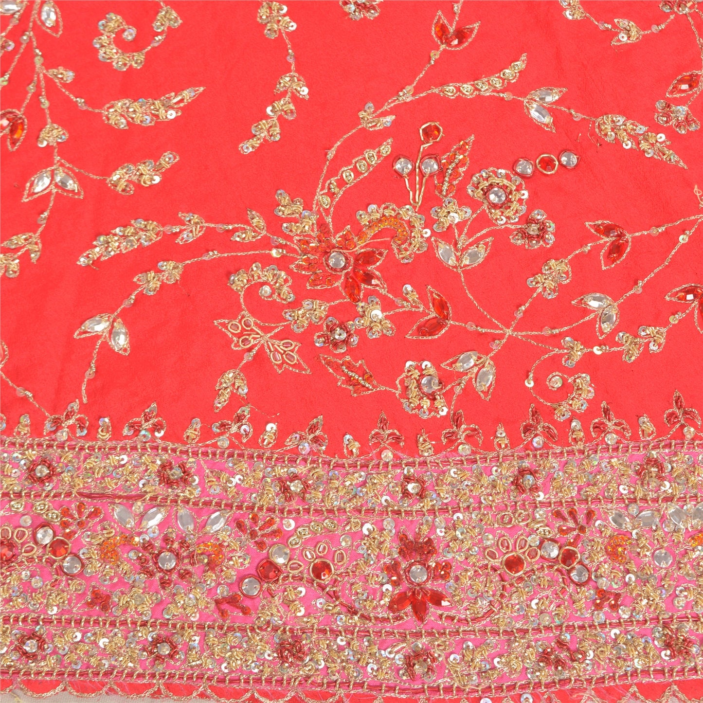 Sanskriti Vintage Long Skirt Pure Silk Red Handmade Unstitched Zardozi Lehenga