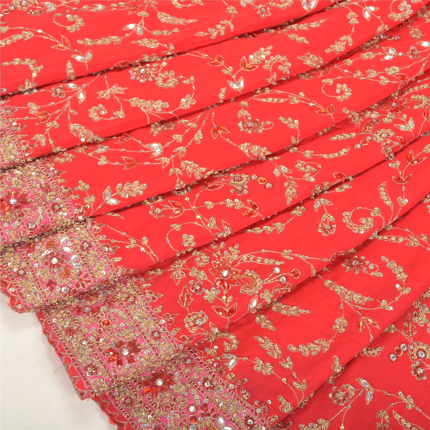 Sanskriti Vintage Long Skirt Pure Silk Red Handmade Unstitched Zardozi Lehenga