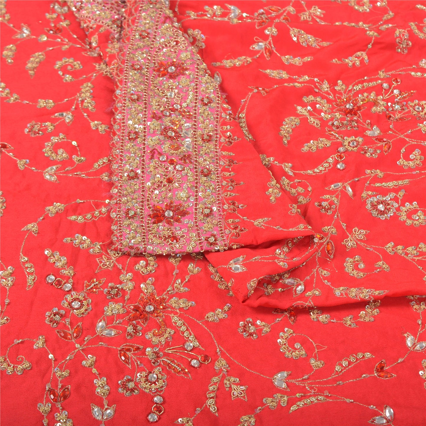 Sanskriti Vintage Pure Silk Red Long Skirt Hand Embroidered Unstitched Zardozi