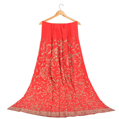 Sanskriti Vintage Long Skirt Pure Silk Red Handmade Unstitched Zardozi Lehenga