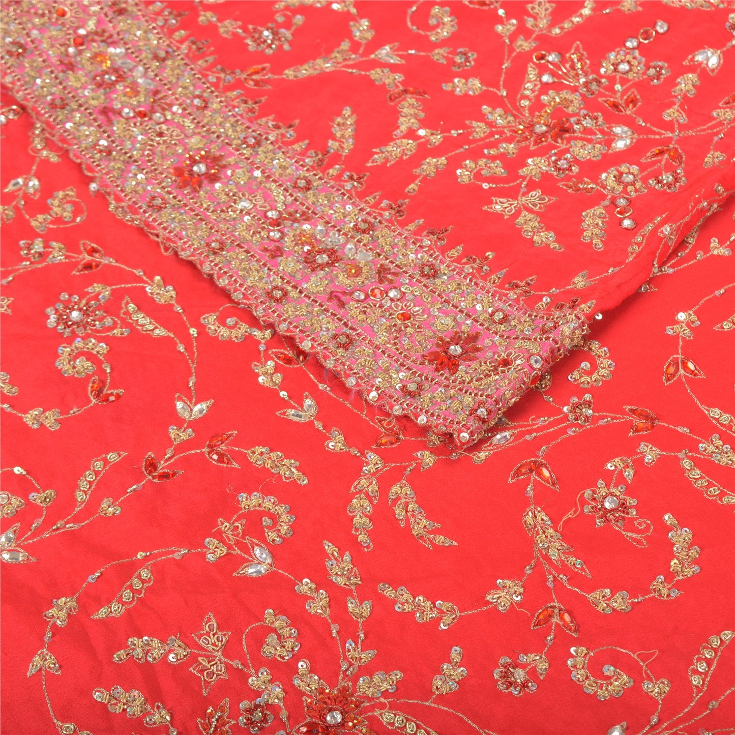 Sanskriti Vintage Pure Silk Red Long Skirt Hand Embroidered Unstitched Zardozi