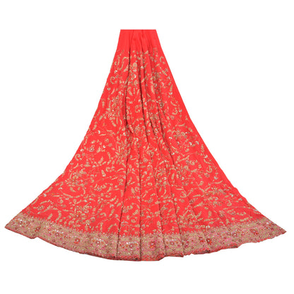 Sanskriti Vintage Pure Silk Red Long Skirt Hand Embroidered Unstitched Zardozi