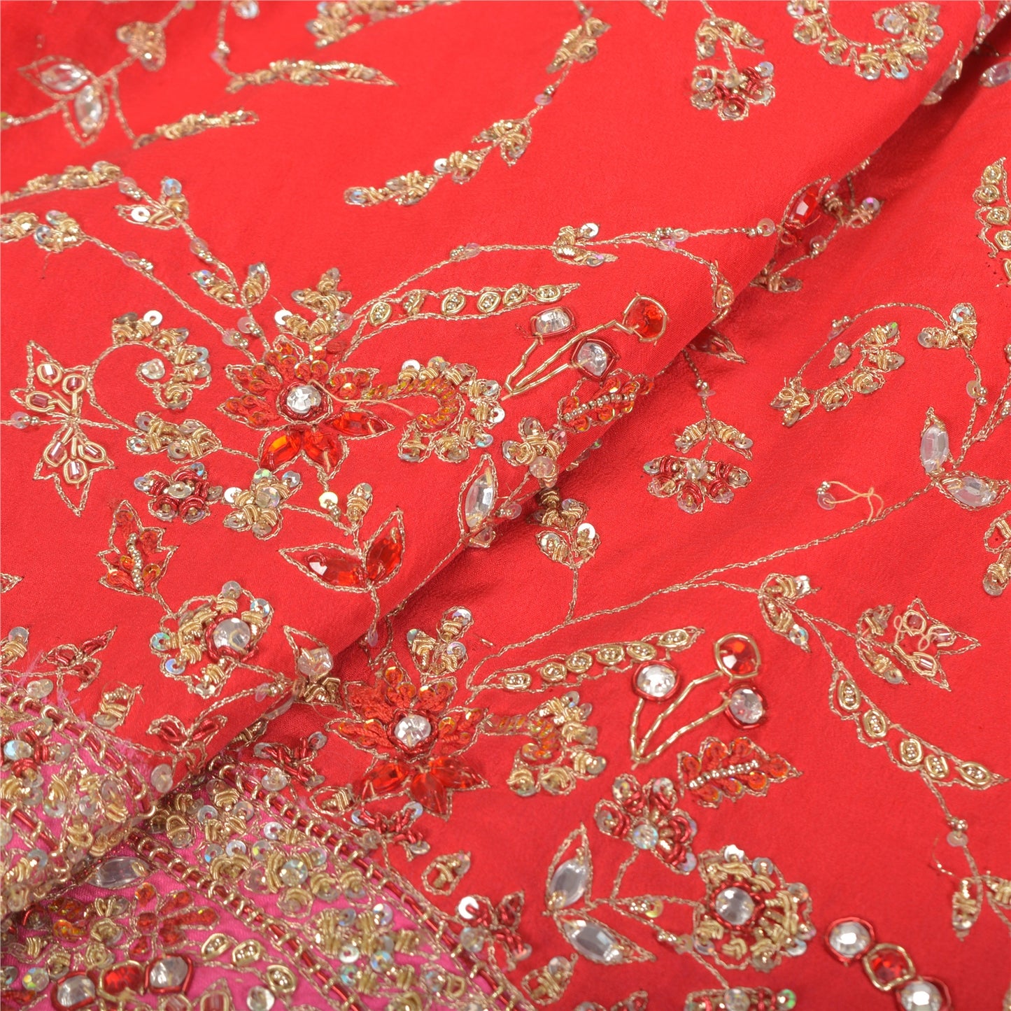 Sanskriti Vintage Long Skirt Pure Silk Red Handmade Unstitched Zardozi Lehenga