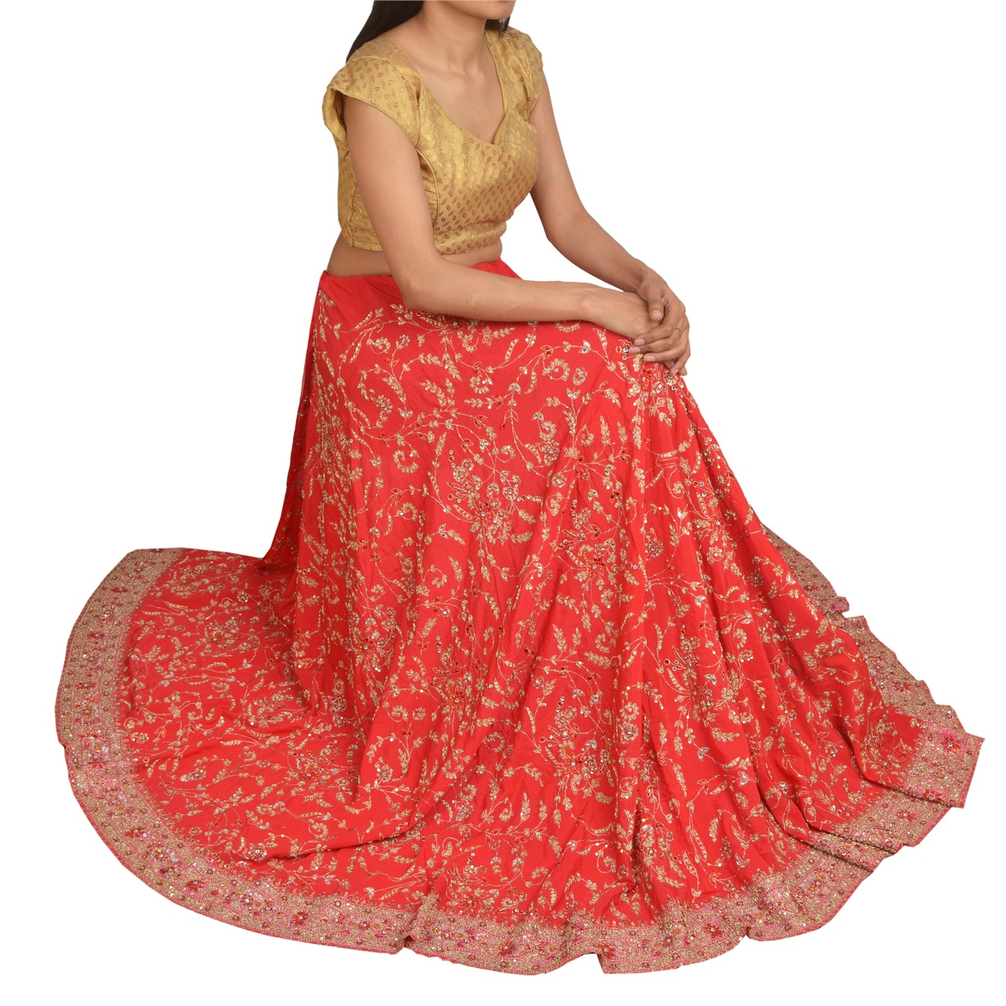 Sanskriti Vintage Pure Silk Red Long Skirt Hand Embroidered Unstitched Zardozi