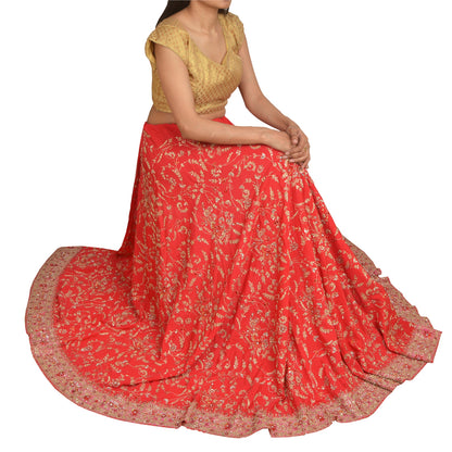 Sanskriti Vintage Long Skirt Pure Silk Red Handmade Unstitched Zardozi Lehenga