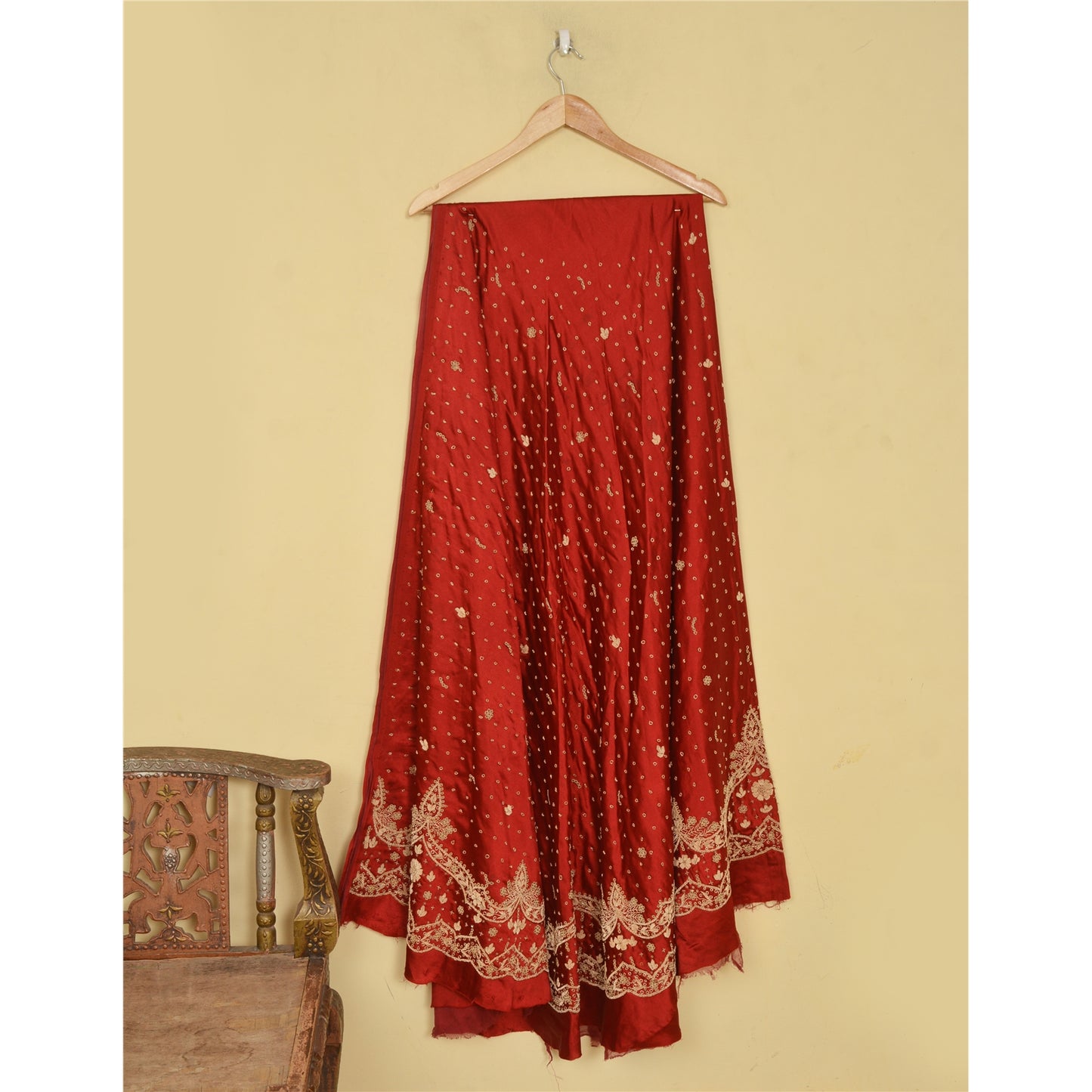 Sanskriti New Dark Red Long Skirt Pure Satin Silk Hand Beaded Lehenga/Fabric
